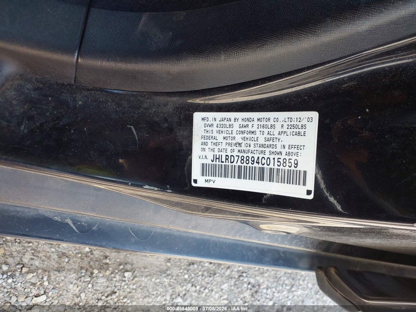 2004 Honda Cr-v VIN JHLRD78894C015859 IAAI salvage auction — NORMAL WEAR, Clear (Illinois), sold $325 on 2026-07-29 (photo 9)