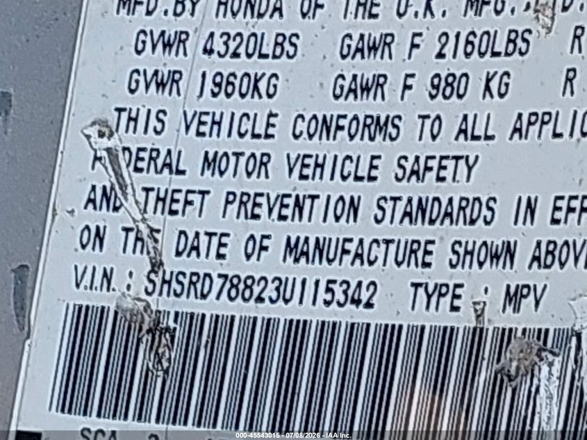 2003 Honda Cr-v VIN SHSRD78823U115342 IAAI salvage auction — NORMAL WEAR, Clear (New York), sold $1,300 on 2026-07-14 (photo 9)