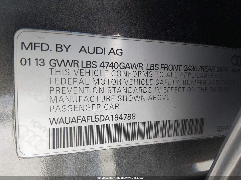 2013 Audi A4 VIN WAUAFAFL5DA194788 IAAI salvage auction — REAR END, Salvage (California), sold $675 on 2026-07-30 (photo 9)