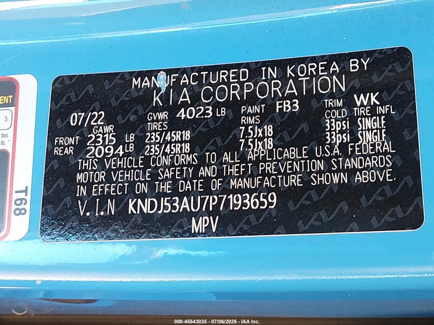 2023 Kia Soul VIN KNDJ53AU7P7193659 IAAI salvage auction — FRONT END, Salvage (California), sold $4,950 on 2026-07-29 (photo 9)