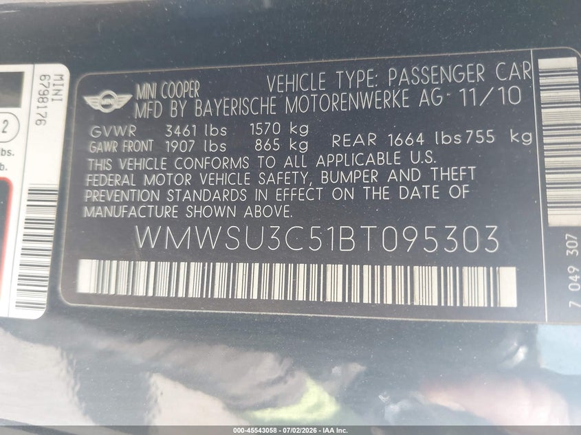 2011 Mini Cooper VIN WMWSU3C51BT095303 IAAI salvage auction — REAR END, Salvage (Pennsylvania), sold $250 on 2026-07-17 (photo 9)