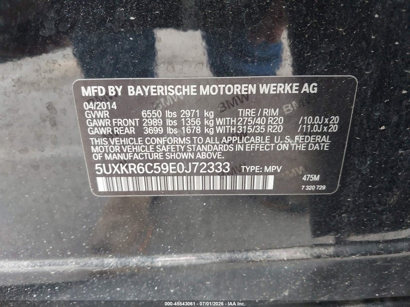 2014 BMW X5 VIN 5UXKR6C59E0J72333 IAAI salvage auction — FRONT END, Salvage Title, sold $3,000 on 2026-07-23 (photo 9)