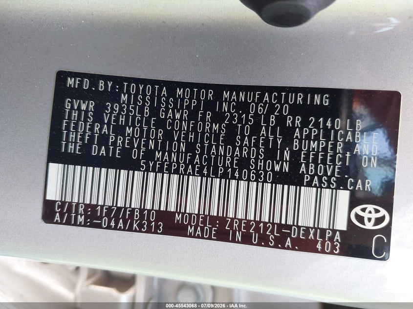 2020 Toyota Corolla VIN 5YFEPRAE4LP140630 IAAI salvage auction — REAR END, Salvage Title, sold $3,550 on 2026-08-02 (photo 9)