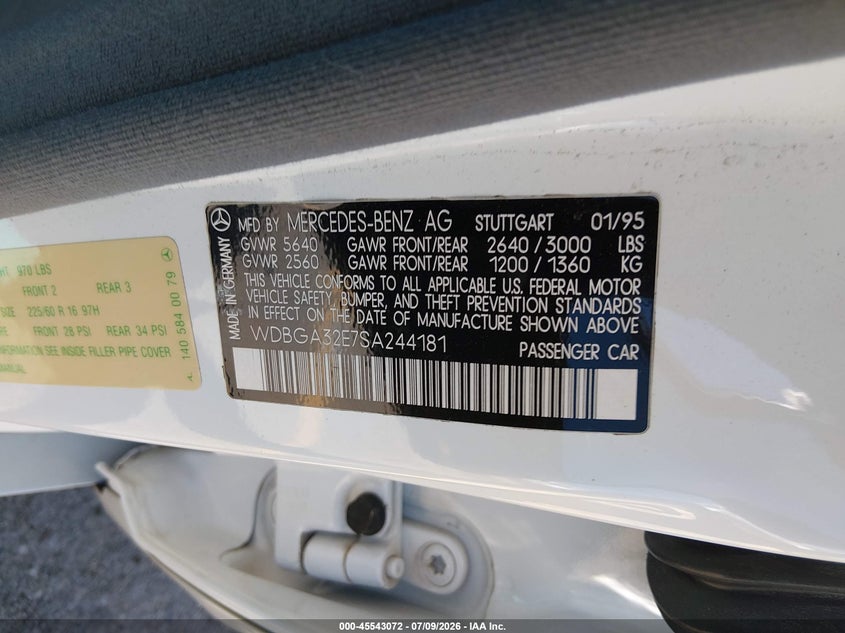 1995 Mercedes-benz S class VIN WDBGA32E7SA244181 IAAI salvage auction — NORMAL WEAR, Clear (Oregon), sold $2,800 on 2026-07-17 (photo 9)