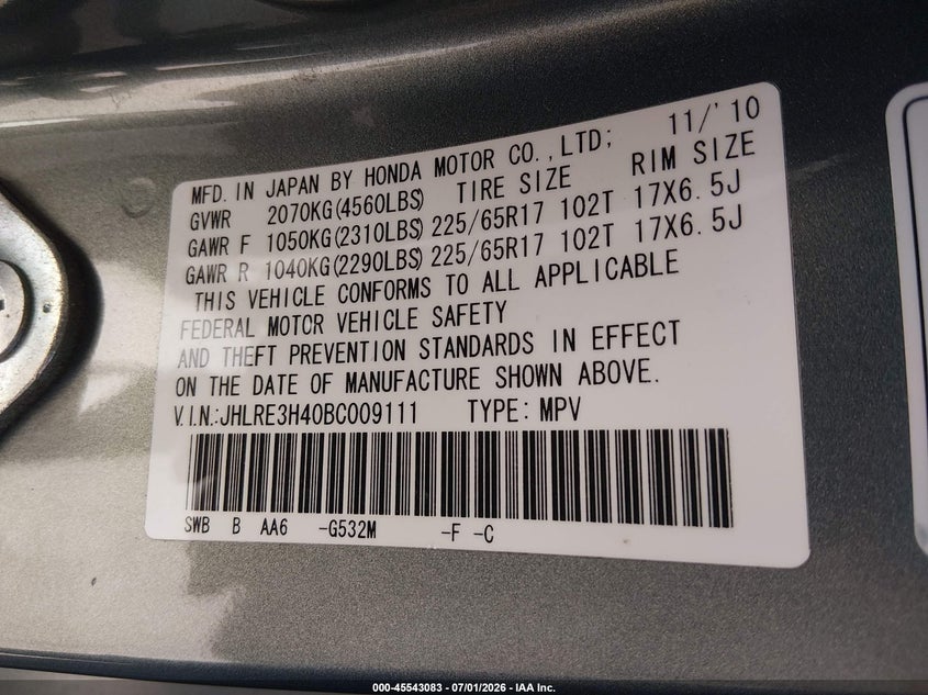 2011 Honda Cr-v VIN JHLRE3H40BC009111 IAAI salvage auction — NORMAL WEAR, Clear - Dealer Only (California), sold $1,675 on 2026-07-15 (photo 9)