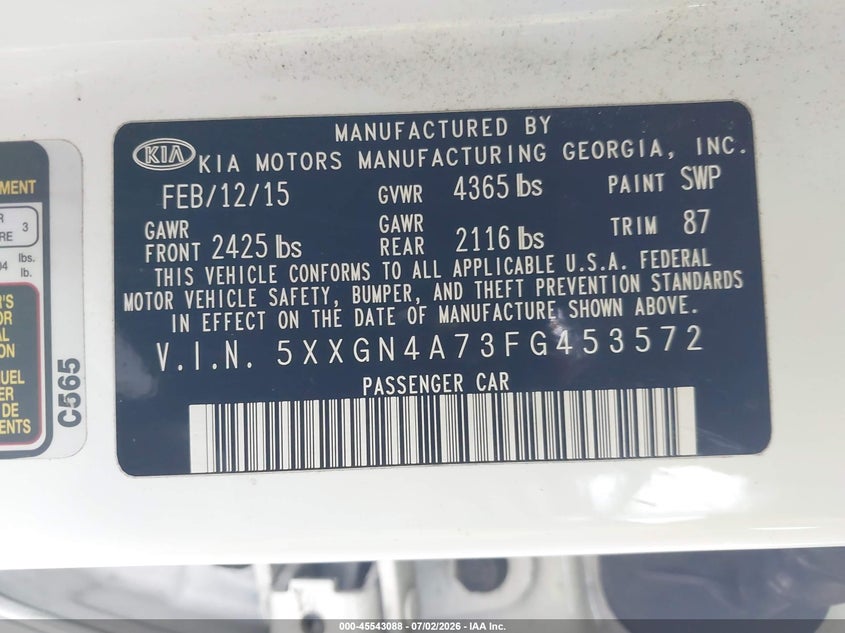 2015 Kia Optima VIN 5XXGN4A73FG453572 IAAI salvage auction — REAR END, Salvage (California), sold $2,050 on 2026-07-22 (photo 9)