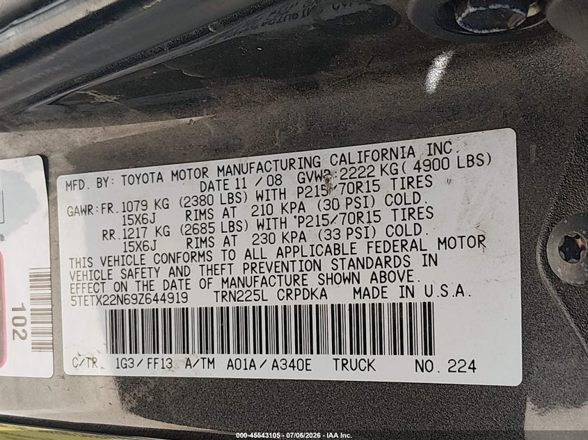 2009 Toyota Tacoma VIN 5TETX22N69Z644919 IAAI salvage auction — NORMAL WEAR, Clear - Dealer Only (California), sold $4,250 on 2026-07-14 (photo 9)