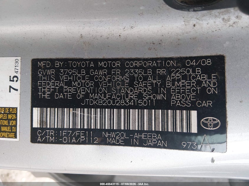 2008 Toyota Prius VIN JTDKB20U283415011 IAAI salvage auction — FRONT & REAR, Clear (Washington), sold $375 on 2026-07-29 (photo 9)
