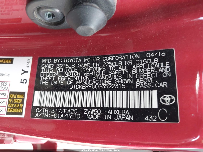 2016 Toyota Prius VIN JTDKBRFU0G3522315 IAAI salvage auction — NORMAL WEAR, Regular Certificate (Iowa), sold $6,400 on 2026-07-14 (photo 9)