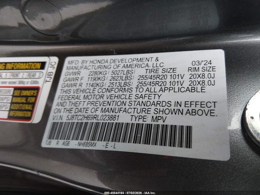 2024 Acura Rdx VIN 5J8TC2H69RL023881 IAAI salvage auction — LEFT FRONT, Salvage (California), sold $14,400 on 2026-07-26 (photo 9)