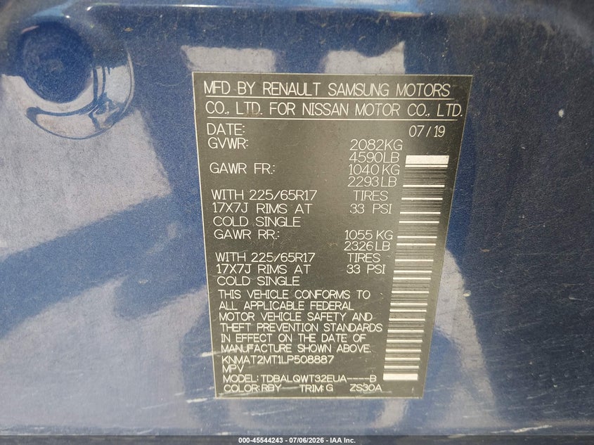 2020 Nissan Rogue VIN KNMAT2MT1LP508887 IAAI salvage auction — REAR END, Salvage Title, sold $25 on 2026-08-01 (photo 9)
