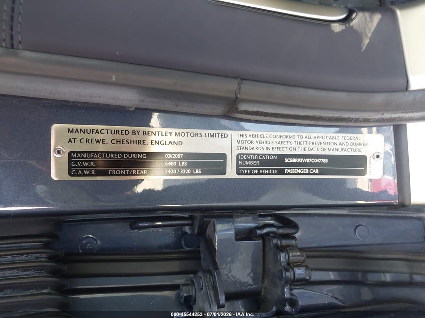 2007 Bentley Continental VIN SCBBR93W07C047785 IAAI salvage auction — RIGHT FRONT, Salvage (California), sold $11,450 on 2026-07-22 (photo 9)