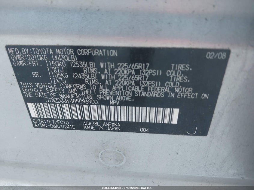 2008 Toyota Rav4 VIN JTMZD33V485096900 IAAI salvage auction — NORMAL WEAR, Clear (Georgia), sold $550 on 2026-07-14 (photo 9)