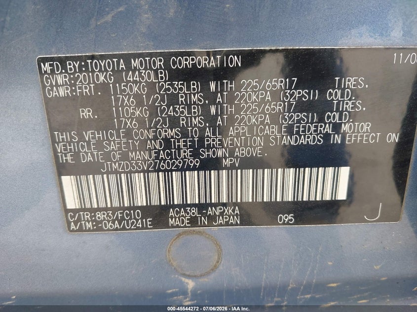 2007 Toyota Rav4 VIN JTMZD33V276029799 IAAI salvage auction — NORMAL WEAR, Original (Maine), sold $300 on 2026-07-20 (photo 9)