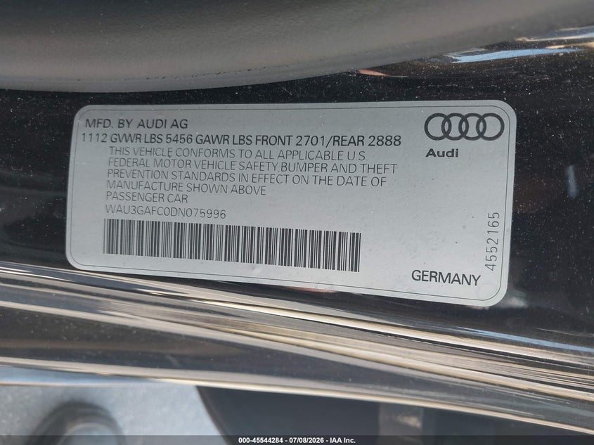 2013 Audi A7 VIN WAU3GAFC0DN075996 IAAI salvage auction — REAR END, Salvage (Connecticut), sold $1,400 on 2026-07-30 (photo 9)