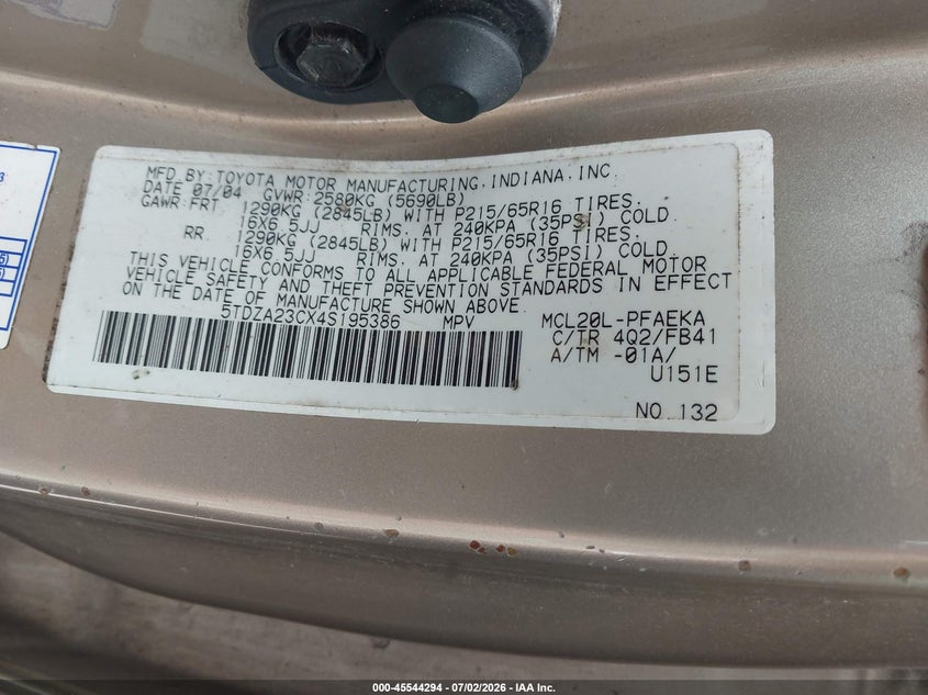 2004 Toyota Sienna VIN 5TDZA23CX4S195386 IAAI salvage auction — NORMAL WEAR, Clear (Washington), sold $875 on 2026-07-22 (photo 9)