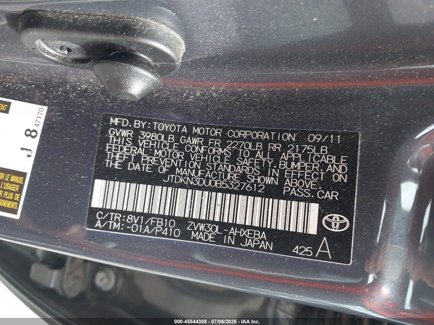 2011 Toyota Prius VIN JTDKN3DU0B5327612 IAAI salvage auction — NORMAL WEAR, Clear (District Of Columbia), sold $825 on 2026-07-29 (photo 9)