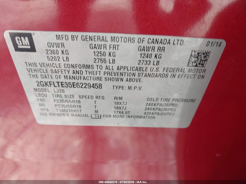 2014 Gmc Terrain VIN 2GKFLTE35E6229458 IAAI salvage auction — RIGHT FRONT, Salvage Title, sold $1,000 on 2026-07-19 (photo 9)