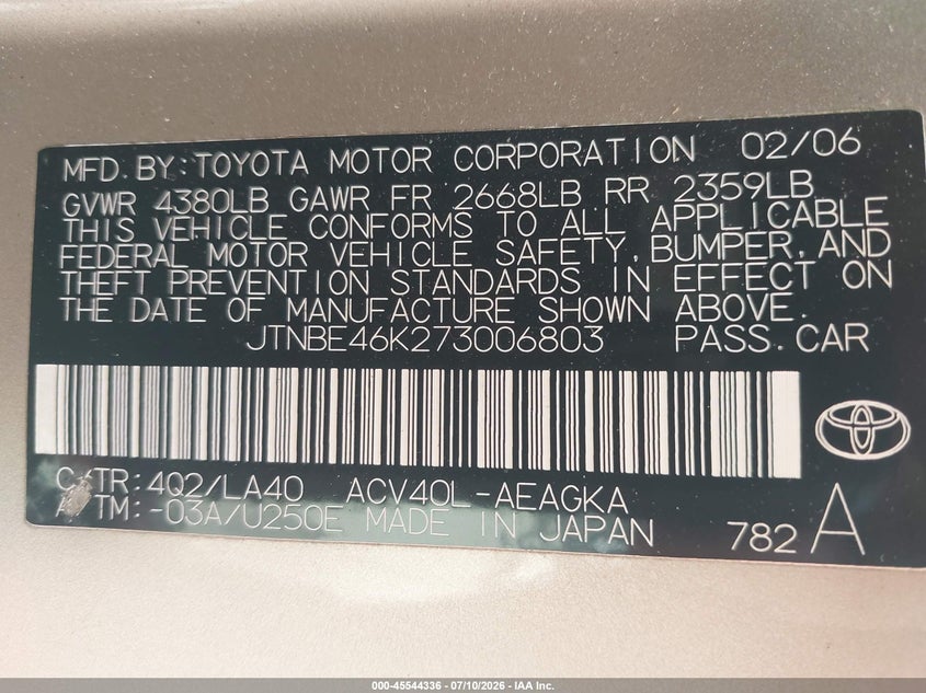 2007 Toyota Camry VIN JTNBE46K273006803 IAAI salvage auction — FRONT END, Clear (Massachusetts), sold $900 on 2026-07-12 (photo 9)