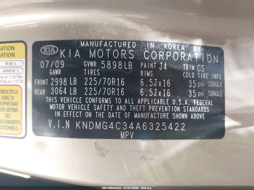 2010 Kia SEDONA VIN KNDMG4C34A6325422 IAAI salvage auction — NORMAL WEAR, App For Dup Salv Title - Dealer (California), sold $100 on 2026-07-30 (photo 9)