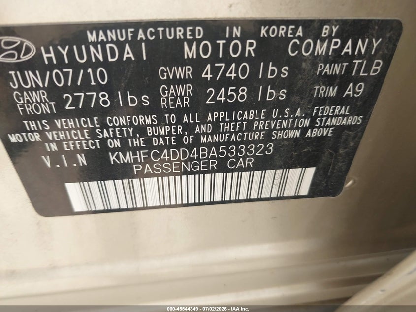 2011 Hyundai Azera VIN KMHFC4DD4BA533323 IAAI salvage auction — NORMAL WEAR, Rebuilt (Indiana), sold $975 on 2026-07-08 (photo 9)