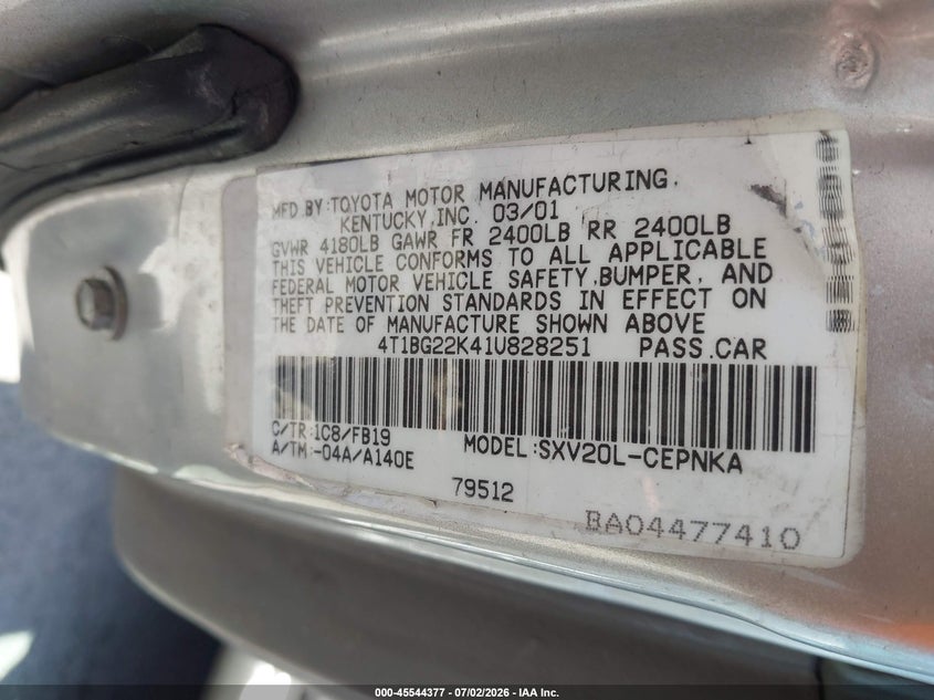 2001 Toyota Camry VIN 4T1BG22K41U828251 IAAI salvage auction — RIGHT FRONT, Salvage (California), sold $475 on 2026-07-09 (photo 9)