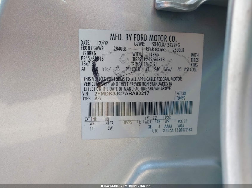 2010 Ford Edge VIN 2FMDK3JC7ABA83217 IAAI salvage auction — NORMAL WEAR, Clear (Tennessee), sold $400 on 2026-07-23 (photo 9)