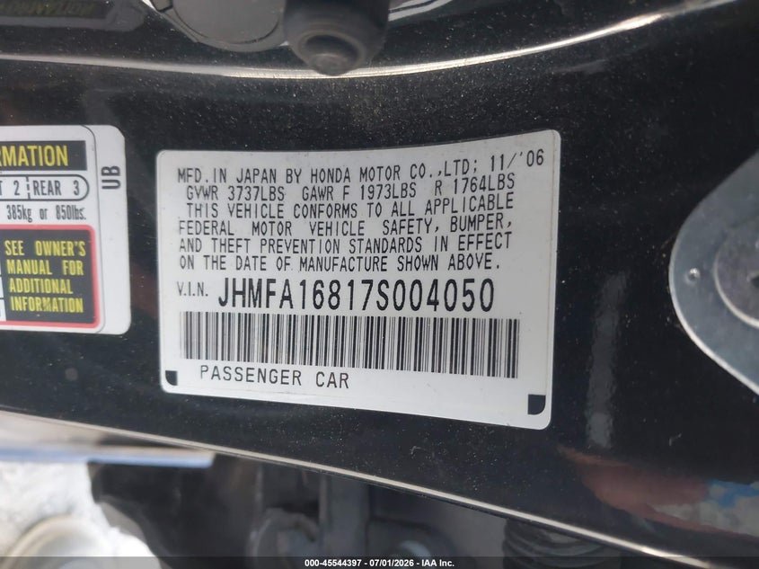 2007 Honda Civic VIN JHMFA16817S004050 IAAI salvage auction — NORMAL WEAR, Clear - Dealer Only (California), sold $1,000 on 2026-07-08 (photo 9)