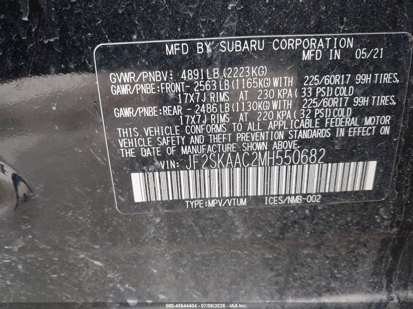2021 Subaru Forester VIN JF2SKAAC2MH550682 IAAI salvage auction — NORMAL WEAR, Original (Maine), sold $4,000 on 2026-07-13 (photo 9)