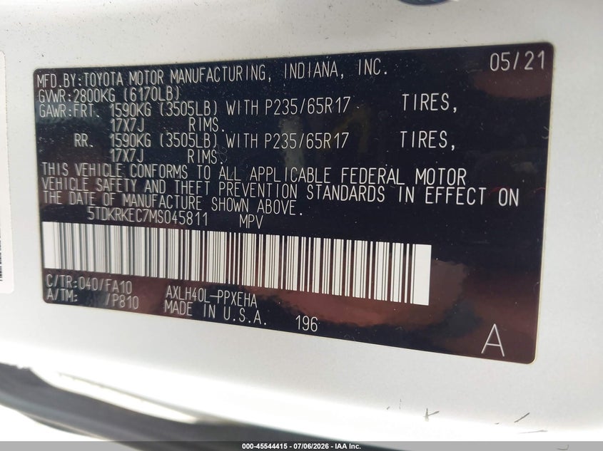 2021 Toyota Sienna VIN 5TDKRKEC7MS045811 IAAI salvage auction — LEFT SIDE, Salvage - Greater Than 75% (Maryland), sold $10,400 on 2026-08-21 (photo 9)