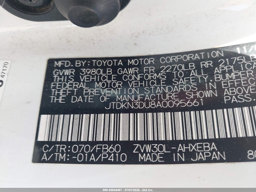 2010 Toyota Prius VIN JTDKN3DU8A0095661 IAAI salvage auction — NORMAL WEAR, Clear - Dealer Only (California), sold $925 on 2026-07-15 (photo 9)