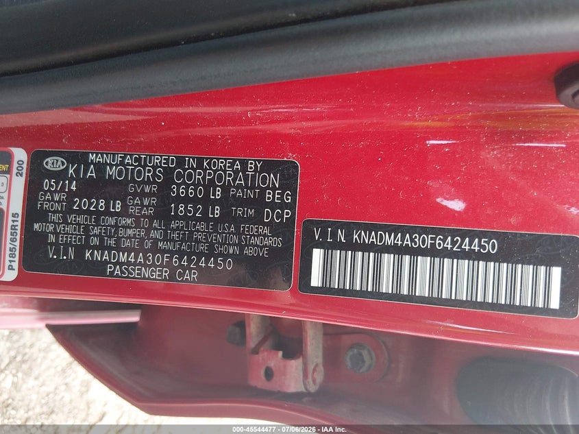 2015 Kia Rio VIN KNADM4A30F6424450 IAAI salvage auction — FRONT END, Salvage (Ohio), sold $850 on 2026-07-29 (photo 9)