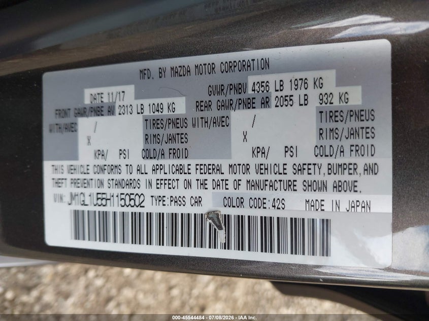 2017 Mazda 6 VIN JM1GL1U55H1150502 IAAI salvage auction — LEFT REAR, Salvage (Ohio), sold $125 on 2026-07-29 (photo 9)