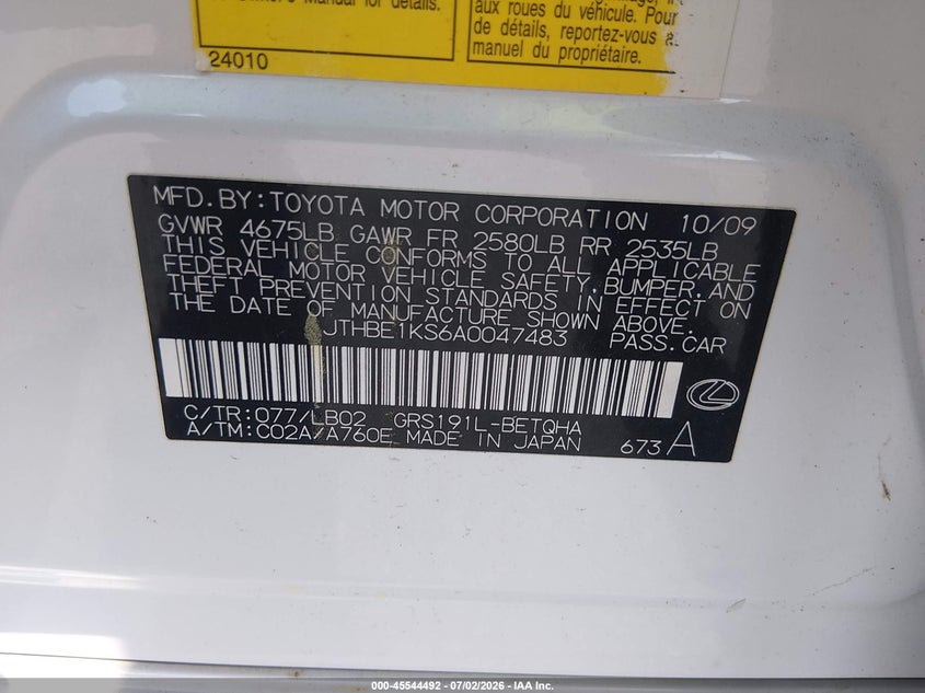 2010 Lexus Gs 350 VIN JTHBE1KS6A0047483 IAAI salvage auction — FRONT END, Clear (Virginia), sold $1,125 on 2026-07-29 (photo 9)