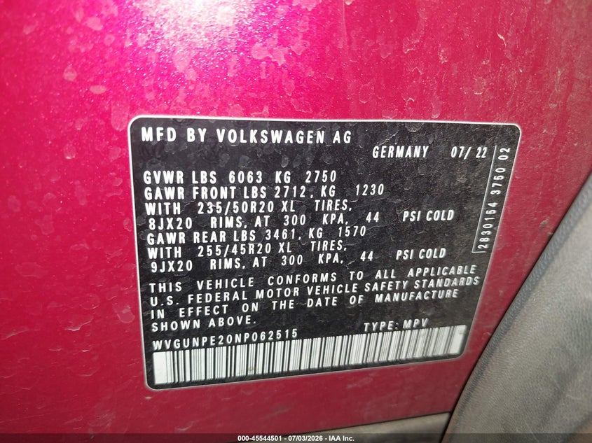 2022 Volkswagen Id.4 VIN WVGUNPE20NP062515 IAAI salvage auction — FRONT END, Salvage Title, sold $9,200 on 2026-07-16 (photo 9)