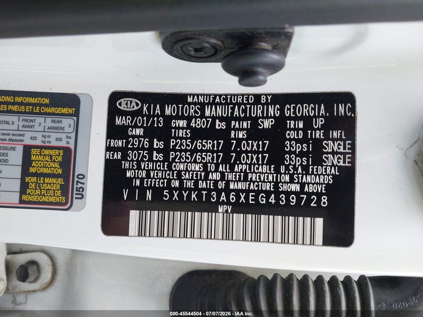 2014 Kia Sorento VIN 5XYKT3A6XEG439728 IAAI salvage auction — FRONT END, Salvage Title, sold $1,250 on 2026-07-27 (photo 9)