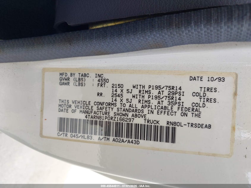 1994 Toyota Pickup VIN 4TARN81P0RZ166297 IAAI salvage auction — NORMAL WEAR, Clear - Dealer Only (California), sold $2,350 on 2026-07-08 (photo 9)