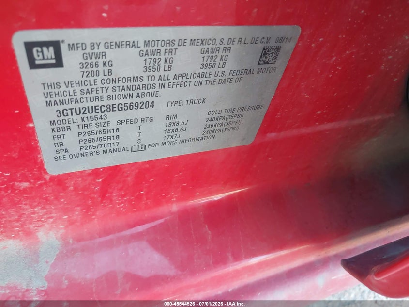 2014 Gmc VIN 3GTU2UEC8EG569204 IAAI salvage auction — NORMAL WEAR, Clear-Dealer Only (Utah), sold $7,450 on 2026-07-09 (photo 9)