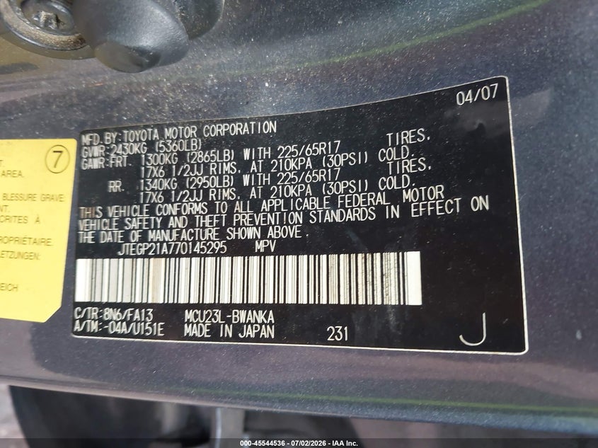 2007 Toyota Highlander VIN JTEGP21A770145295 IAAI salvage auction — RIGHT FRONT, Salvage (Alabama), sold $750 on 2026-07-29 (photo 9)
