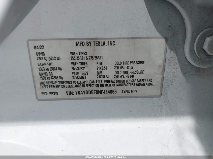 2022 Tesla Model y VIN 7SAYGDEF9NF414666 IAAI salvage auction — REAR END, Salvage Title, sold $6,800 on 2026-07-26 (photo 9)
