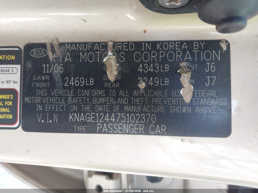 2007 Kia Optima VIN KNAGE124475102370 IAAI salvage auction — FRONT END, Salvage (Texas), sold $225 on 2026-07-28 (photo 9)