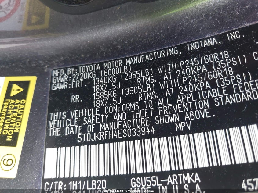 2014 Toyota Highlander VIN 5TDJKRFH4ES033944 IAAI salvage auction — NORMAL WEAR, Clear (Indiana), sold $5,500 on 2026-07-08 (photo 9)