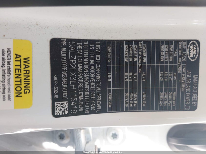 2020 Land rover Range rover evoque VIN SALZP2FX3LH115418 IAAI salvage auction — HAIL, Salvage Title, sold $7,500 on 2026-10-07 (photo 9)