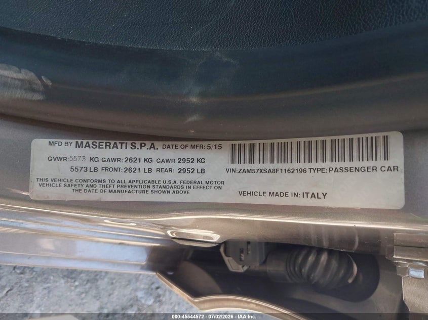 2015 Maserati Ghibli VIN ZAM57XSA8F1162196 IAAI salvage auction — NORMAL WEAR, Repossession Paperwork (Georgia), sold $2,550 on 2026-07-28 (photo 9)