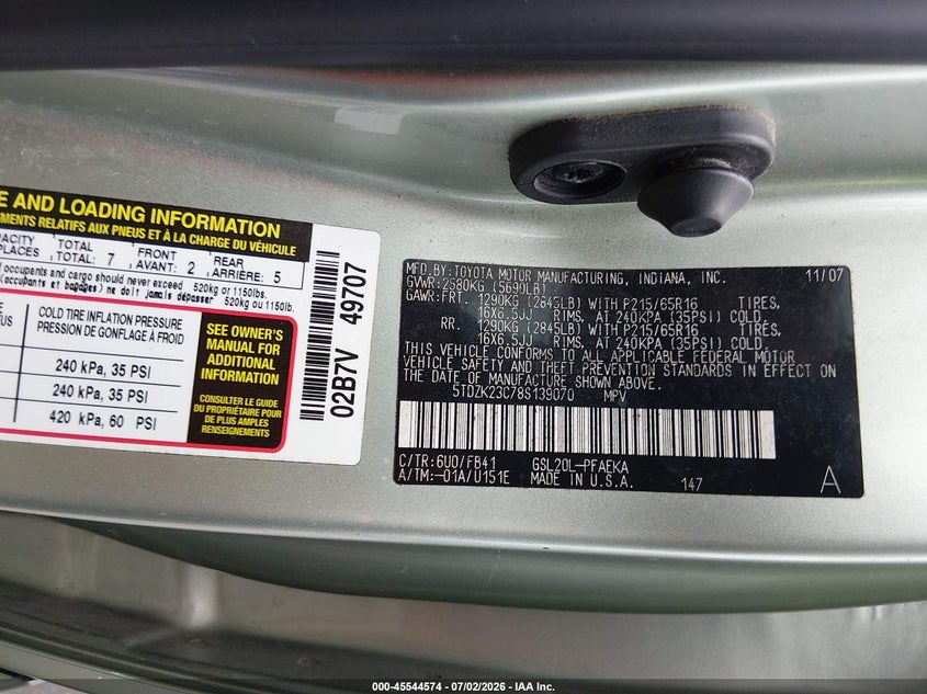 2008 Toyota Sienna VIN 5TDZK23C78S139070 IAAI salvage auction — LEFT FRONT, Rebuildable (Florida), sold $1,625 on 2026-07-30 (photo 9)