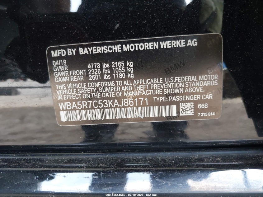 2019 BMW 3er VIN WBA5R7C53KAJ86171 IAAI salvage auction — FRONT END, Salvage Title, sold $5,975 on 2026-08-27 (photo 9)