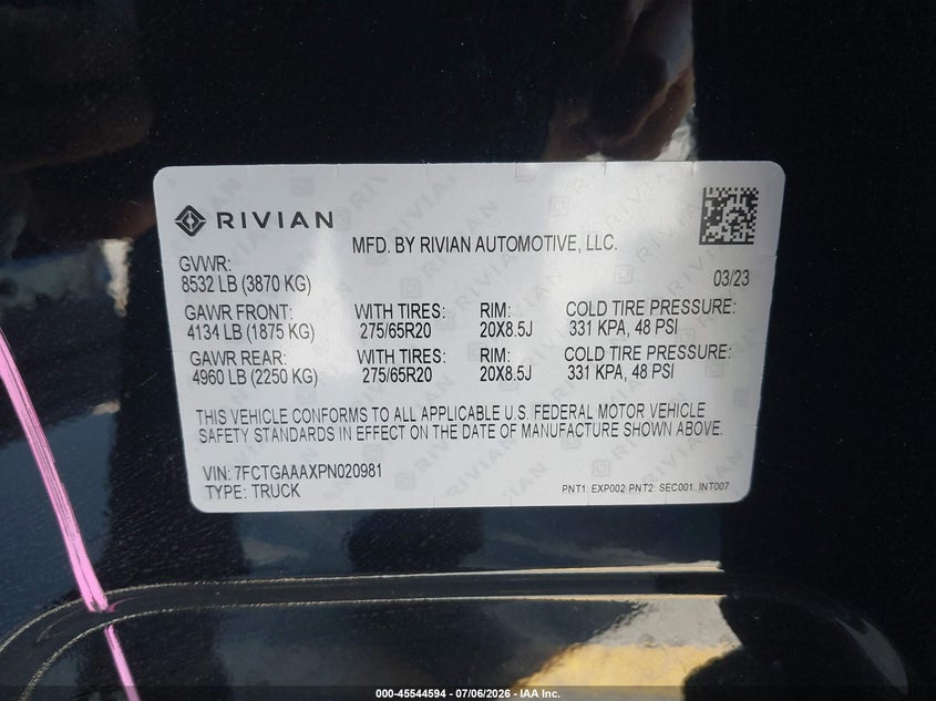 2023 Rivian R1t VIN 7FCTGAAAXPN020981 IAAI salvage auction — REAR END, Salvage Title, sold $15,600 on 2026-07-20 (photo 9)