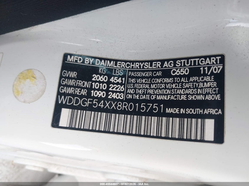 2008 Mercedes-benz C class VIN WDDGF54XX8R015751 IAAI salvage auction — FRONT END, Salvage (Texas), sold $750 on 2026-07-29 (photo 9)