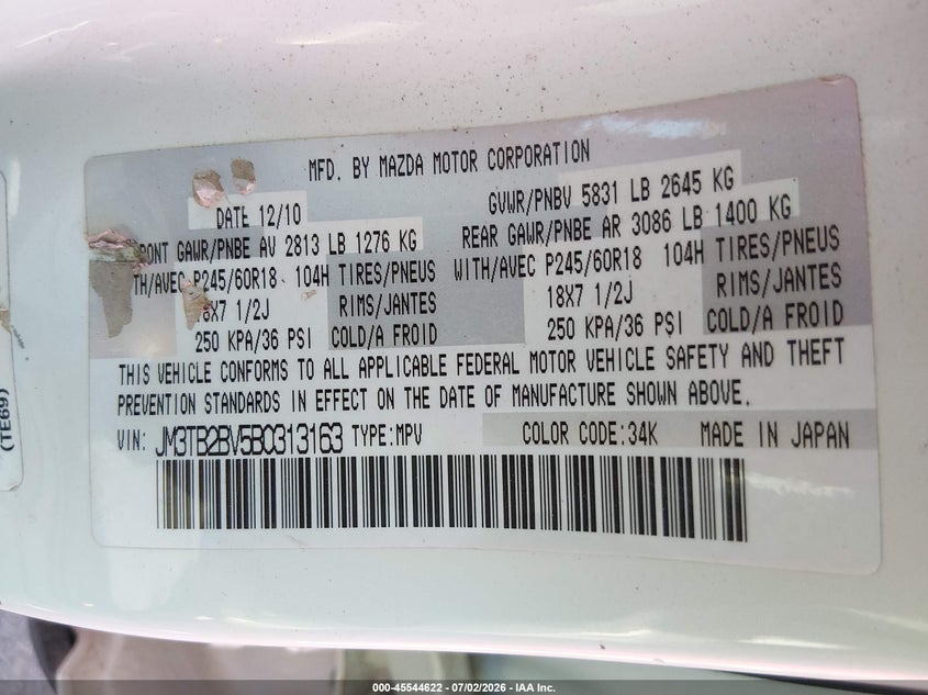 2011 Mazda Cx-9 VIN JM3TB2BV5B0313163 IAAI salvage auction — FRONT END, Salvage (Arizona), sold $725 on 2026-07-30 (photo 9)
