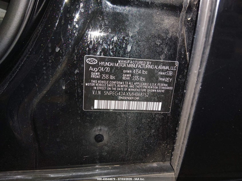 2021 Hyundai Sonata VIN 5NPEG4JAXMH068752 IAAI salvage auction — FRONT & REAR, Salvage Title, sold $575 on 2026-07-28 (photo 9)